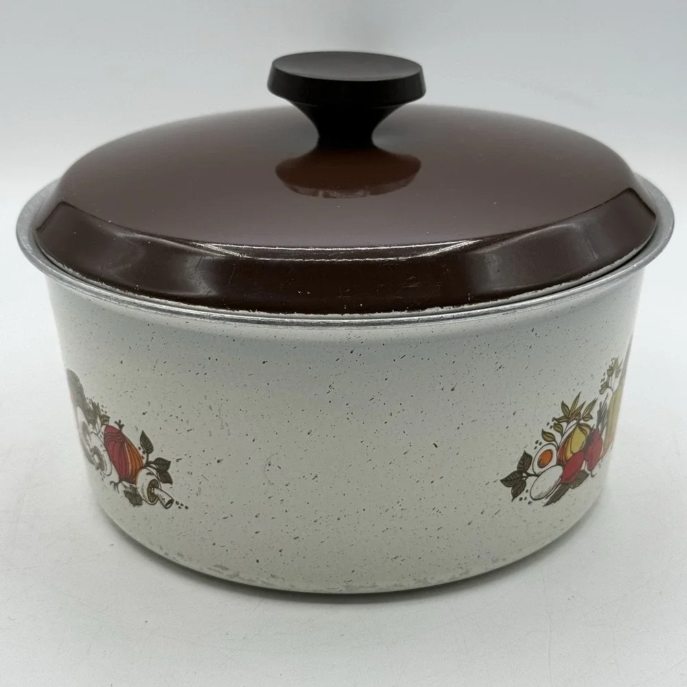 Vintage‎ 1970's Enamel 2 Quart Aluminum Pot W/Lid Fruit & Vegetable Medley USA